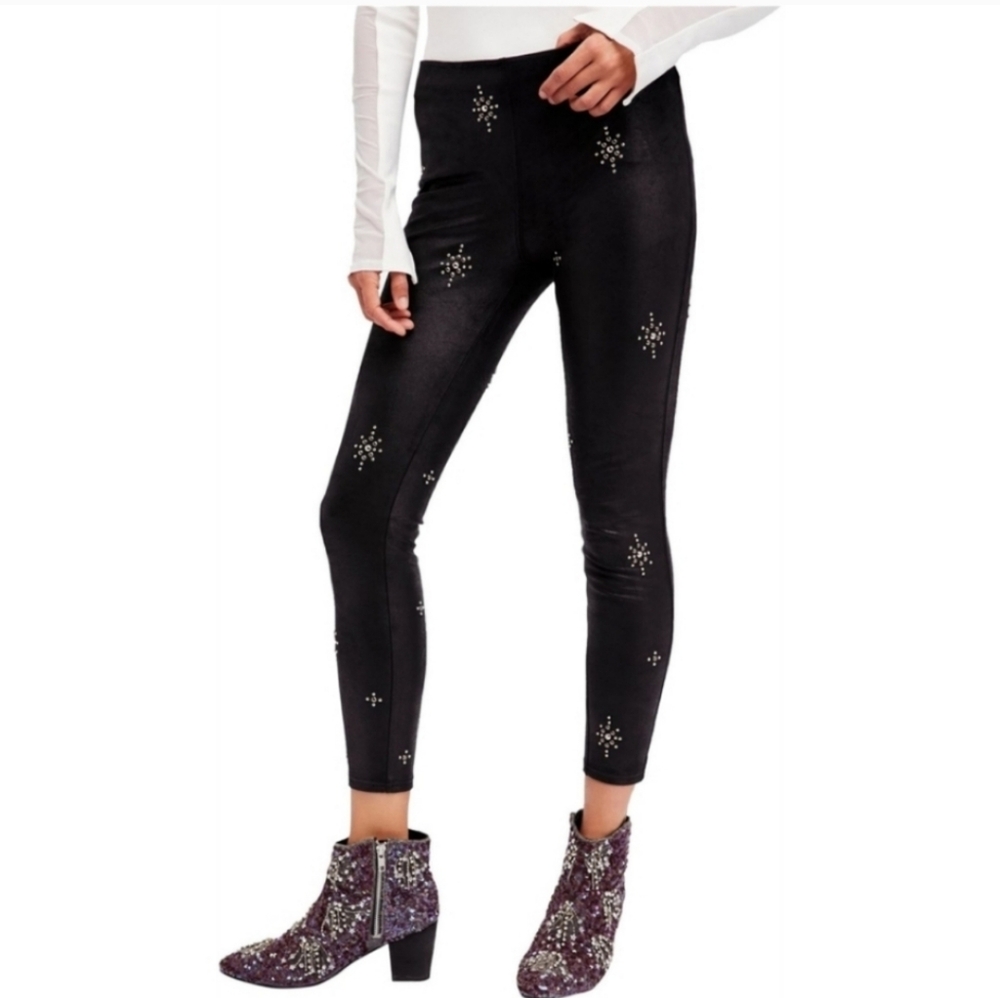 Free People Silver Studded Vegan Leather Skinny Leggings Black Size 26